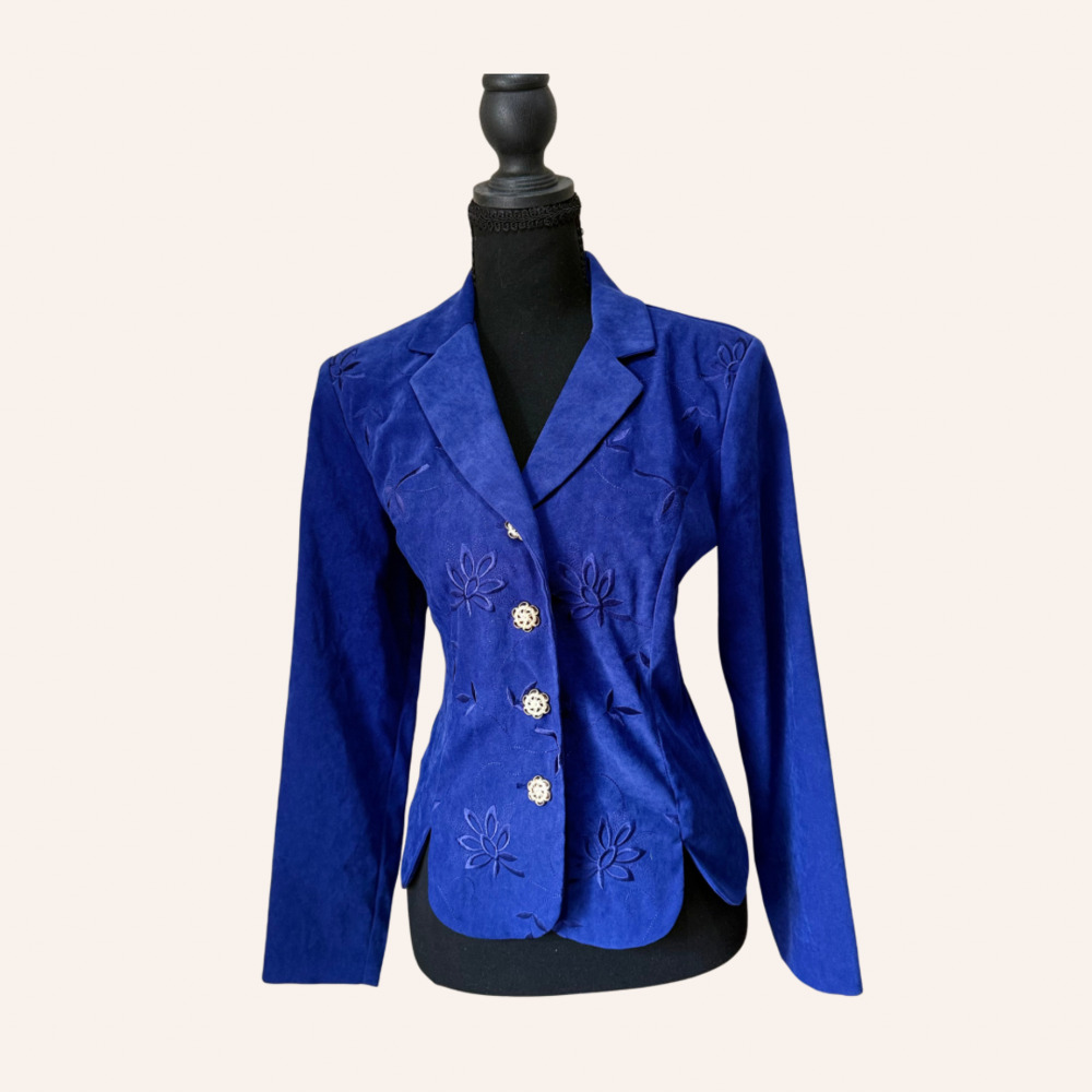 Leslie Fay Royal Blue Faux Suede Embroidered Floral Blazer Jacket Size 8P